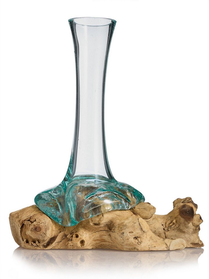 Dekorieren macht glücklich Dekoobjekt Teakholz mit Glasvase, hoch ca. 25cm (4er-Set), Handgefertigtes Unikat – meisterliche Qualität, für In- & Outdoor von Dekorieren macht glücklich