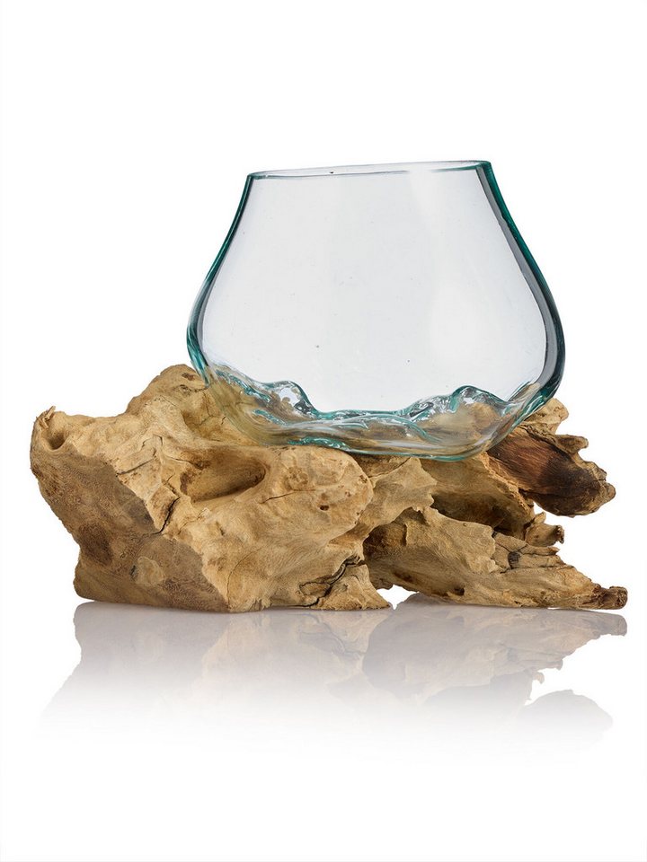 Dekorieren macht glücklich Dekoobjekt Teakholz mit Glasvase, rund ca. 15-20cm (4er-Set), Handgefertigtes Unikat – meisterliche Qualität, für In- & Outdoor von Dekorieren macht glücklich