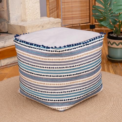 Dekorist Pouf Hocker, Quadrat Sitzpouf, Sitzhocker, Sitzpuff, Fußhocker, Puff Hocker für Wohnzimmer, Schlafzimmer, Pouf Retro, 42x42x46h cm, Gestreiftes Marineblau von Dekorist