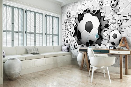 DekoShop Fototapete Vlies Tapete Moderne Wanddeko Wandtapete 3D Fußbälle in der Ziegelwand AMD20104VEXXXXL VEXXXXL (416cm. x 290cm.) Sport von Dekoshop