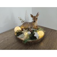 Tischdeko Tischgesteck Holzscheibe Reh Winter Timer 10 Leds von DekostudioBirgit