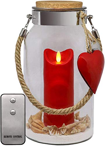 Dekovita Deko Windlicht Glas mit LED Kerze Rot - Glaslaterne mit Seil Ø16x30cm - Dekoglas Kerzenglas Geschenk Liebe Herz Rot von Dekovita