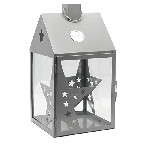 Dekovita 38cm Metall-Laterne Sterne Lichthaus - Gartenlaterne mit Glas-Scheiben - Windlicht Haus Deko-Laterne von Dekovita