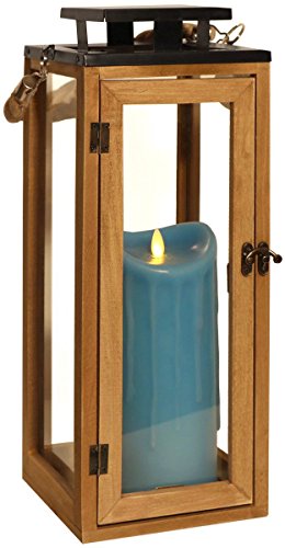 Dekovita 42cm Holz-Laterne - Gartenlaterne inkl. 23m LED Echtwachs-Kerze Blau Wachstropfen mit 5h-Timer von Dekovita