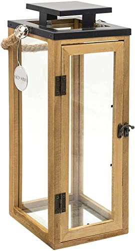 Dekovita 42cm Holz-Laterne - Gartenlaterne mit Glas-Scheiben und Kordel-Henkel - Windlicht Deko-Laterne Naturholz von Dekovita
