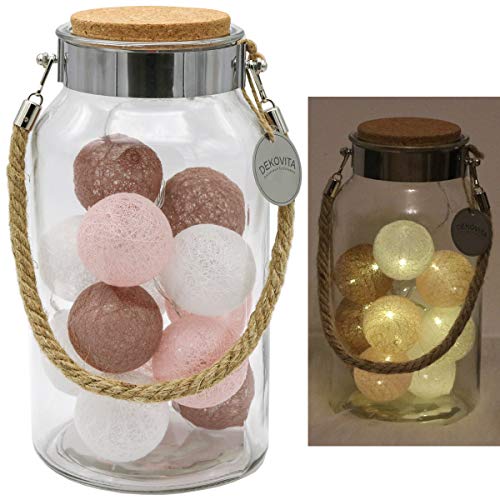 Dekovita Dekoglas 5l H:30cm Korkdeckel inkl. Tronje 10 LED-Lichterkugeln 4h-Timer Lichterkette Braun Rosa Warm-Weiß von Dekovita