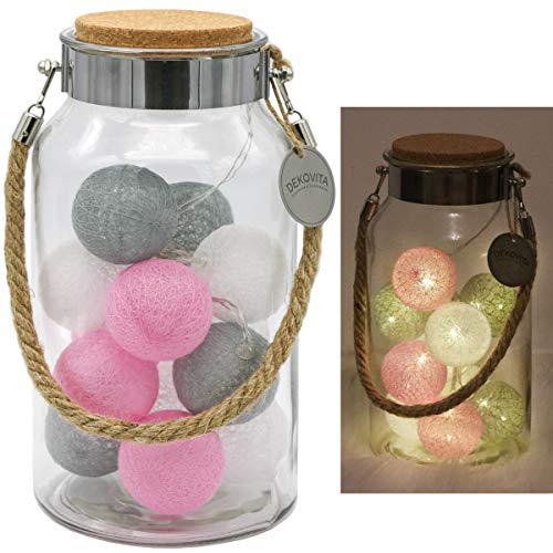 Dekovita Dekoglas 5l H:30cm Korkdeckel inkl. Tronje 10 LED-Lichterkugeln 4h-Timer Lichterkette Pink Grau Warm-Weiß von Dekovita