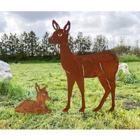 2Er Set Stehendes Reh Mit Rehkitz 80cm/32cm Gartenstecker Edelrost Rost Metall Rostfigur + Kitz Rostige Gartendeko von Dekowelt1111