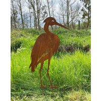 Reiher Stehend 75x45cm + Stäbe Edelrost Gartenstecker Rost Metall Kranich Storch Rostige Gartendeko Teichdeko Fischreiher von Dekowelt1111