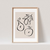 Boho Wanddekoration Obst Apfel Birne Zitronen Abstrakter Kunstdruck in Beige Print Bild Wandkunst Wanddeko | Ohne Rahmen von DelMaDE