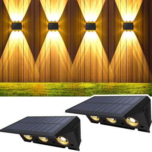 Delaiglow solarlampen für außen wand, solar wandleuchte aussen Nach Oben und Unten Beleuchtet, 6 LEDs, IP67 Wasserdichte Zaun Beleuchtung für Garten Balkon Terrasse solarleuchten Warmweiß 2er von Delaiglow