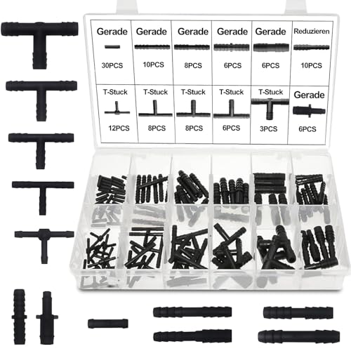 113 Stück Schlauchverbinder Sortiment, T-Verbinder Schlauchverbinder Set Bewässerung Anschluss Kit chwarz Universal T-Stück Gerade Reduzierstück Schlauchverschraubungen für Gärten KFZ Tropf Sprinkler von Delamiya