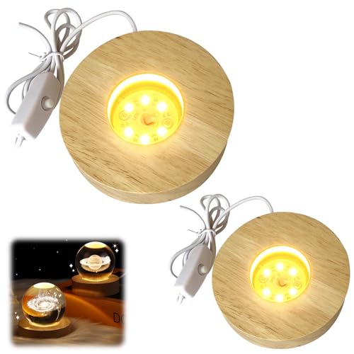 2 Stück Holz LED Lichtsockel, USB Led Leuchtsockel für Acrylglas Warme Farbe Led Holzsockel Ständer Quadrat/Rund LED Leuchten Display Basis für Kristallg Lensball Glas Acryl Schmuck Harz (Rund) von Delamiya