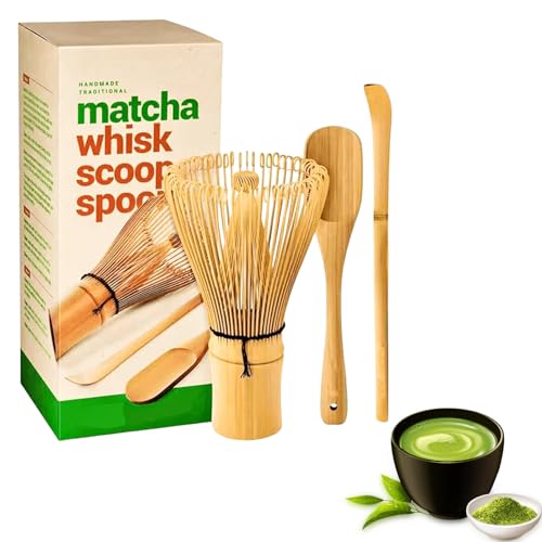 Delamiya 3er Matcha Tee Set, Matcha Besen Set, Matcha Set Japan Original, Matcha-Schneebesen, Traditionelle Schaufel, Traditioneller Löffel, Grüner Tee, Pulver, Schneebesen, Japanisch, Handgefertigt von Delamiya