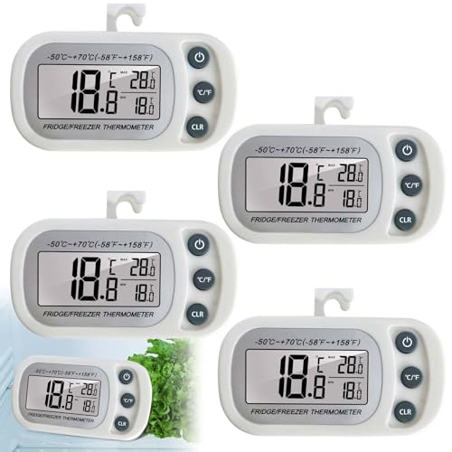 Delamiya 4 Stück Kühlschrankthermometer, Digitale Gefrierschrank Thermometer Digitales Kühlschrankthermometer mit LCD-Anzeige, Haken & Magnetisch, Max/Min Funktion für Hause Küche Restaurants von Delamiya