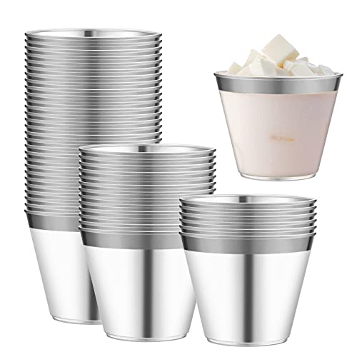 Delamiya 50 Stück Sektgläser Plastik 255ml, Trinkbecher Plastikbecher mit Silberrand, Wiederverwendbar Party Weingläser, für Party Hochzeit Picknick Geburtstag Strand Camping (Silber) von Delamiya