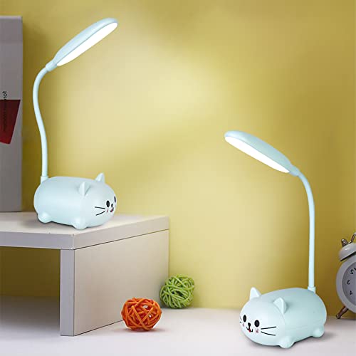 Delamiya Schreibtischlampe Kinder, LED Katzen Tischlampe mit Handyhalterung, Augenschutz Leselampe Wiederaufladbar USB, Energiespar Nachttischlampe mit Flexibles Arm, Kinder Geschenk(blau) von Delamiya