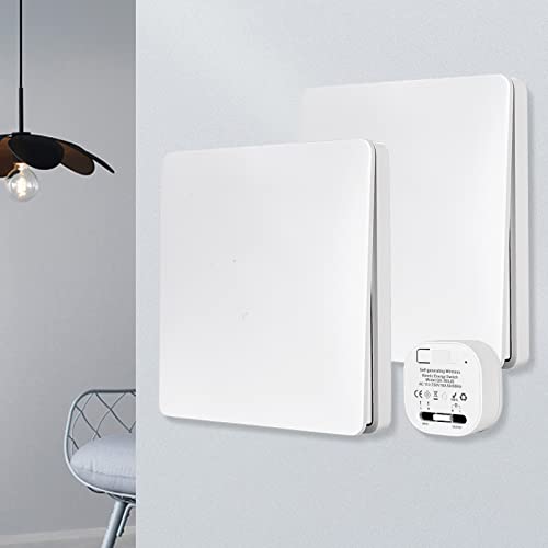 Funkschalter Licht Set, Funk Lichtschalter Batterielose, Funklichterschalter mit Empfänger, IP67 Wasserdicht Fernbedienung Selbstversorgt Keine Verkabelung erforderlich Wandplatte Sender(Set-2) von Delamiya