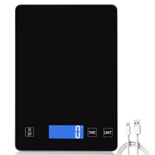 Küchenwaage Digital, 15kg/1g Waage Küchenwaage, USB Wiederaufladbare Digital Küchenwage mit Led Display und Tara Funktion, Lebensmittelwaage mit gehärtetem Glasboden zum Backen und Kochen, Messen von Delamiya