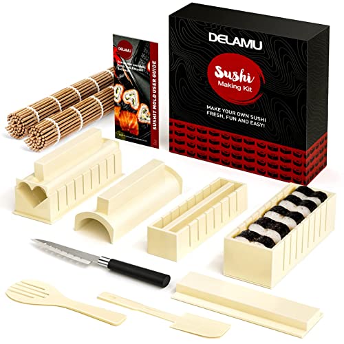 Delamu Sushi Making Kit, Sushi Maker für Anfänger, 8 Formen DIY Sushi Selbst Machen Set,13 in 1 DIY Selber Sushi Matte Set mit hochwertigem Sushi Messer von Delamu