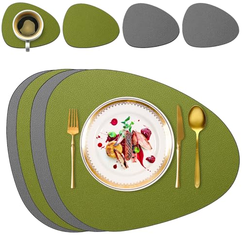 4er Set Tischsets Abwaschbare mit Untersetzern, Doppelseitige Platzdeckchen Lederoptik wasserdichte Platzsets für Esstisch, Küche, Restaurant & Zuhause (Grün&Grau) von Delento