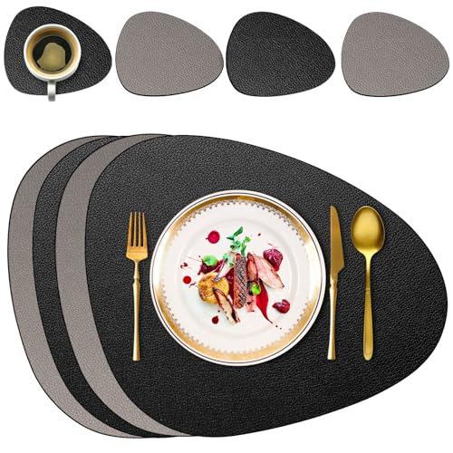 4er Set Tischsets Abwaschbare mit Untersetzern, Doppelseitige Platzdeckchen Lederoptik wasserdichte Platzsets für Esstisch, Küche, Restaurant & Zuhause (Schwarz) von Delento