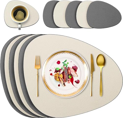 6er Set Tischsets Abwaschbare mit Untersetzern, Doppelseitige Platzdeckchen Lederoptik wasserdichte Platzsets für Esstisch, Küche, Restaurant & Zuhause (Beige&Grau) von Delento