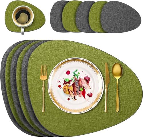 6er Set Tischsets Abwaschbare mit Untersetzern, Doppelseitige Platzdeckchen Lederoptik wasserdichte Platzsets für Esstisch, Küche, Restaurant & Zuhause (Grün&Grau) von Delento