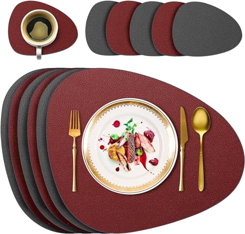6er Set Tischsets Abwaschbare mit Untersetzern, Doppelseitige Platzdeckchen Lederoptik wasserdichte Platzsets für Esstisch, Küche, Restaurant & Zuhause (Rot) von Delento