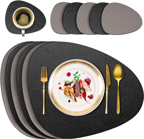 6er Set Tischsets Abwaschbare mit Untersetzern, Doppelseitige Platzdeckchen Lederoptik wasserdichte Platzsets für Esstisch, Küche, Restaurant & Zuhause (Schwarz) von Delento