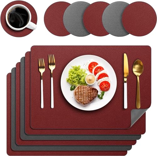 Platzsets Abwaschbar 6er Set, Tischsets Lederoptik Platzdeckchen Abwischbar Doppelseitiges Platzset mit Untersetzer für Küche, Haus, Restaurant, 43x30cm (Rot) von Delento
