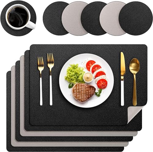 Platzsets Abwaschbar 6er Set, Tischsets Lederoptik Platzdeckchen Abwischbar Doppelseitiges Platzset mit Untersetzer für Küche, Haus, Restaurant, 43x30cm (Schwarz) von Delento