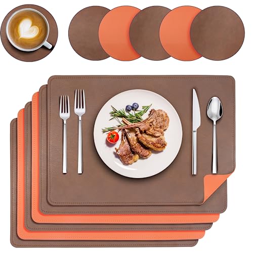 Premium 6 Stück Tischset aus Kunstleder, Zweifarbig Platzsets Abwaschbar Lederoptik Fleckabweisend Platzdeckchen Abwischbar mit Untersetzer Waschbar (Braun Orange) von Delento