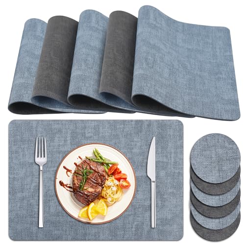 Tischsets Abwaschbar und Untersetzer, Zweifarbig Platzsets Abwaschbar Lederoptik Fleckabweisend Platzdeckchen Abwischbar mit Untersetzer Waschbar (Grau Blau, 6er Set) von Delento