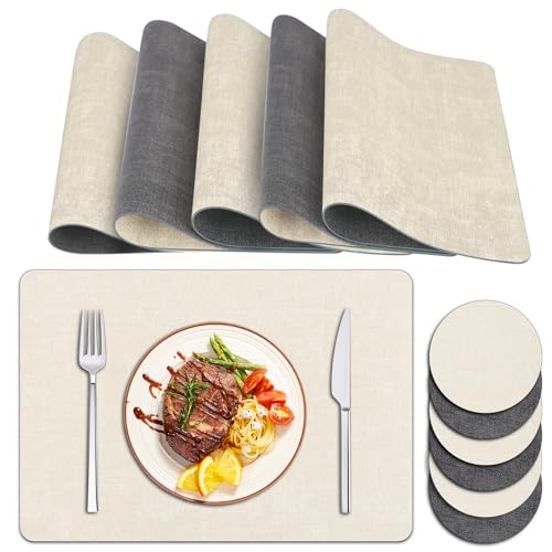 Tischsets Abwaschbar und Untersetzer, Zweifarbig Platzsets Abwaschbar Lederoptik Fleckabweisend Platzdeckchen Abwischbar mit Untersetzer Waschbar (Grau Cremeweiß, 6er Set) von Delento