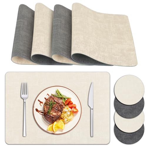 Tischsets Abwaschbar und Untersetzer, Zweifarbig Platzsets Abwaschbar Lederoptik Fleckabweisend Platzdeckchen Abwischbar mit Untersetzer Waschbar (Grau Cremeweiß,4er Set) von Delento