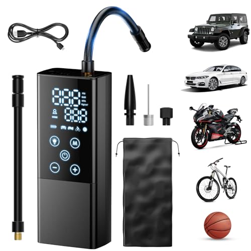 Delgeo Tragbarer Elektrische Luftpumpe,Mini Reifenpumpe 5000mAh,Wiederaufladbarer Elektrischer Kompressor Fahrradpumpe 150PSI Luftkompressor mit Manometer für Auto,Fahrrad,Motorrad,Bälle, AutoOff von Delgeo