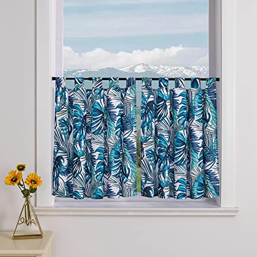 Delien 2er Set Scheibengardinen Landhaus Bistrogardine Blickdicht Küchengardinen Modern »Bananenblätter« Klein Fenster Kurz Vorhang für Badezimmer mit Schlaufen BxH 120x60cm,Blau von Delien