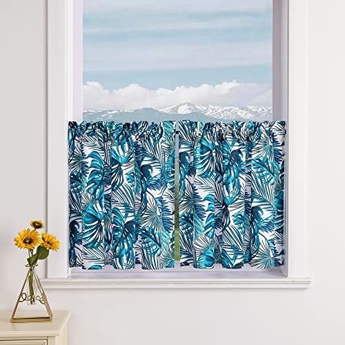 Delien 2er Set Scheibengardinen Landhaus Bistrogardine Blickdicht Küchengardinen Modern »Bananenblätter« Klein Fenster Kurz Vorhang für Badezimmer mit Tunnelzug BxH 145x60cm,Blau von Delien