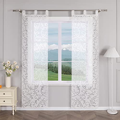 Delien 2er Set Schiebevorhänge Ausbrenner mit Ranken Muster Transparente Gardinen Modern Schiebe Flächenvorhänge Wohnzimmer Vorhang Fenster Gardinen Schals mit Schlaufen BxH 57x225cm,Weiß von Delien