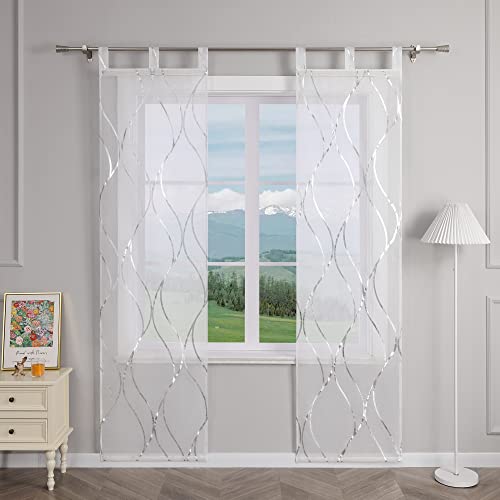 Delien 2er Set Schiebevorhänge Transparente Schiebegardinen Modern »Wogender Fluss« Flächenvorhänge Wohnzimmer Fenster Gardinen mit Wellenmuster Dekoschals mit Schlaufen BxH 57x145cm,Silber von Delien