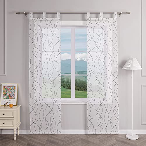 Delien 2er Set Schiebevorhänge mit Schlaufen Transparente Schiebegardinen Modern »Rinnsal« Flächenvorhänge Wohnzimmer Fenster Gardinen mit Wellenmuster Dekoschals BxH 57x145cm,Schwarz von Delien