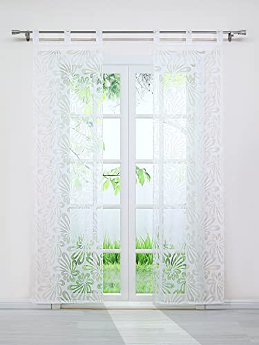 Delien 2er Set Schiebevorhänge mit Schlaufen Voile Schiebegardinen »Blütenblättern« Vorhang Ausbrenner Gardinen mit Blumenmuster Flächenvorhänge Wohnzimmer Fensterschals BxH 57x145cm,Weiß von Delien