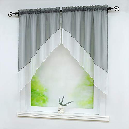 Delien Bistrogardinen mit Durchstangenzug Modern Scheibengardine Voile Türgardine Kurz Stores Zweifarbig Gardinen Doppelschicht Kleinfenster Vorhang Tunnelzug BxH 120x125cm,Grau von Delien