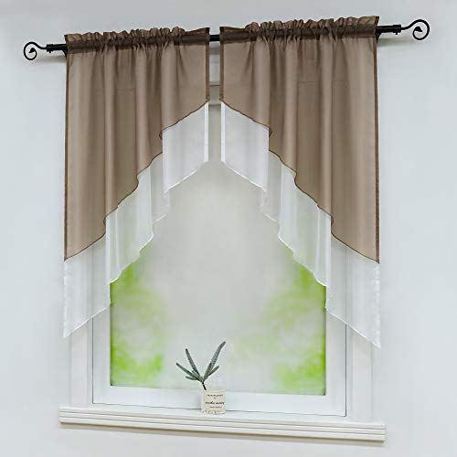 Delien Bistrogardinen mit Durchstangenzug Modern Scheibengardine Voile Türgardine Kurz Stores Zweifarbig Gardinen Doppelschicht Kleinfenster Vorhang Tunnelzug BxH 90x100cm,Braun von Delien