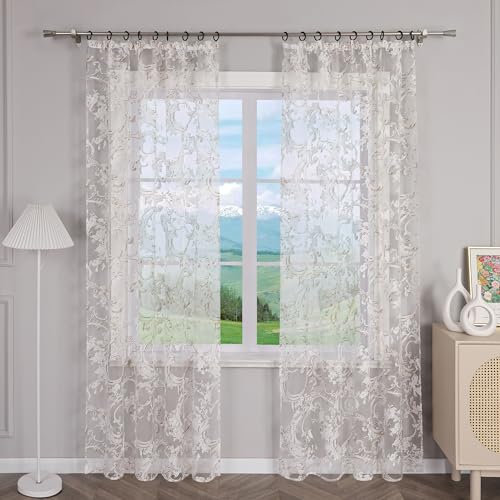 Delien Gardinen Ausbrenner Gardinenschals Modern Transparente Gardinen mit Blumenmuster Fenster Dekoschals Landhaus Wohnzimmer Vorhang mit Kräuselband 1 St. Braun,BxH 140x245cm von Delien