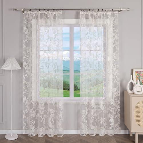 Delien Gardinen Ausbrenner Gardinenschals Modern Transparente Gardinen mit Blumenmuster Fenster Dekoschals Landhaus Wohnzimmer Vorhang mit Kräuselband 1 St. Sand,BxH 140x225cm von Delien