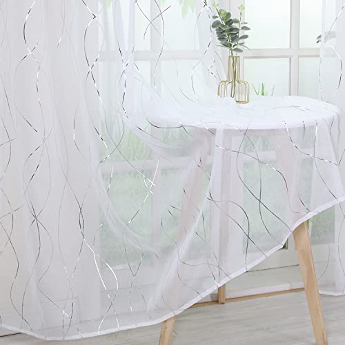 Delien Gardinen Voile 1 Stück »Rinnsal« Gardinenschals mit Feinem Wellenmuster Vorhang Transparente Vorhänge Fensterschals für Wohnzimmer Flächengardinen mit Kräuselband BxH 140x175cm,Silber von Delien