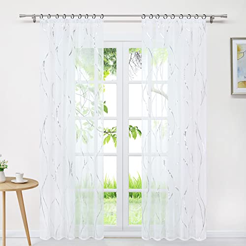 Delien Gardinen Voile 1 Stück »Wogender Fluss« Gardinenschals mit Grobem Wellenmuster Vorhang Transparente Vorhänge Fensterschals Flächenvorhänge für Wohnzimmer mit Kräuselband BxH 140x245cm,Silber von Delien