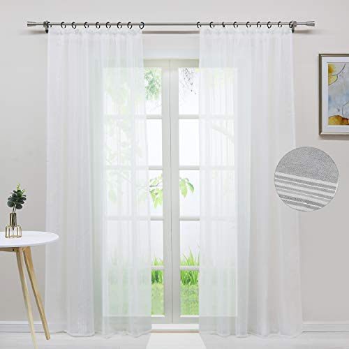 Delien Gardinen in Leinen-Optik Stores Gardine mit Streifen Muster Vorhänge Schlafzimmer transparent Vorhang Fensterschals mit Kräuselband, weiß (2er-Set, je 145x140cm) von Delien